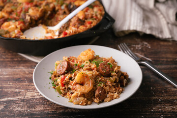 shirimp and sausage jambalaya, traditional lousiana food