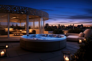 Roof relaxing jacuzzi. Travel summer. Generate Ai