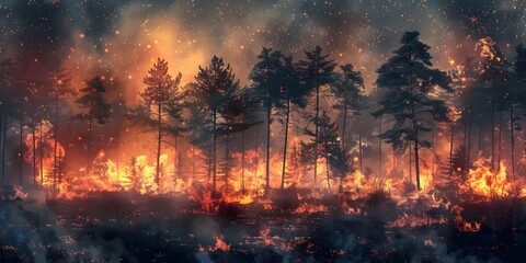 Forest fire, many acres of pine trees burn down during the dry season. Wildfire burns in the forest.The concept of global cataclysms on earth.