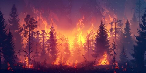Forest fire, many acres of pine trees burn down during the dry season. Wildfire burns in the...