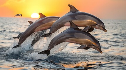 Pod of Dolphins Jumping at Sunrise