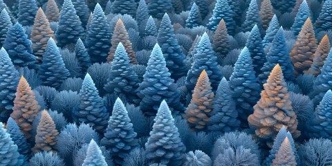 Forest of coniferous trees. Repeated magic seamless pattern. 3d illustration