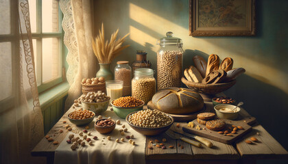 Rustic kitchen scene showcasing plant-based proteins in a nostalgic photorealistic style.