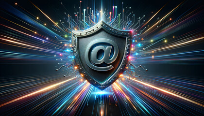 Dynamic metallic shield with @ symbol, surrounded by glowing data streams, represents email security.