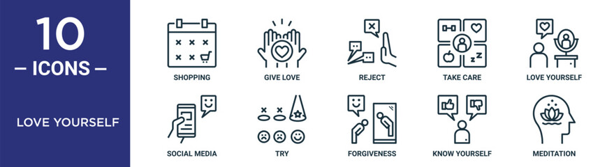love yourself outline icon set includes thin line shopping, give love, reject, take care, love yourself, social media, try icons for report, presentation, diagram, web design - obrazy, fototapety, plakaty