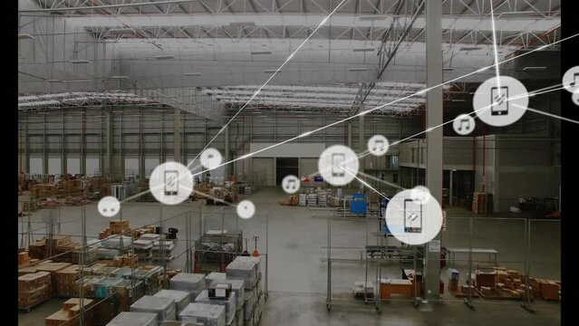 Animation of network of connections with devices icons over warehouse
