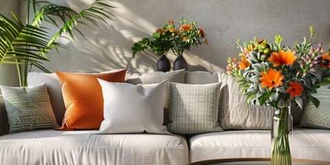 Cozy lounge space with a plush sofa and vibrant cushions invites relaxation and comfort