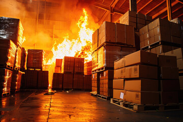 Fire spreading in warehouse stacked with boxes. Generative AI