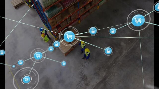 Animation of network of connections with shopping trolley icons over diverse people in warehous