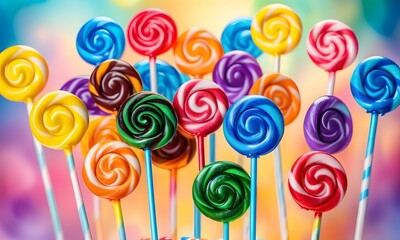 Fototapeta na wymiar A vibrant collection of multicolored lollipops stands in unison, their swirls a feast for the eyes against a cheerful yellow background.
