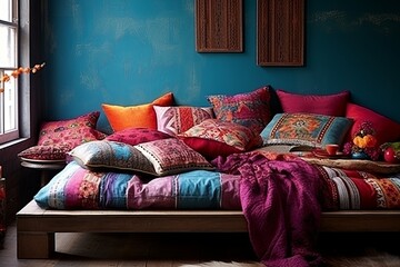 Vibrant Bohemian Bedroom Designs: Wooden Furniture, Patterned Textiles & Cozy Cushions