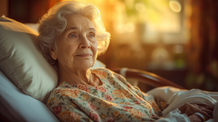 An elderly person is resting on a bed with a thoughtful expression, embodying a healthcare concept. Ai generative illustration
