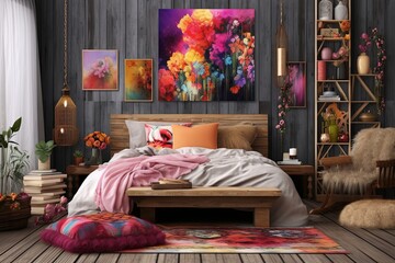 Vibrant Boho-Chic Woodland Retreat: Eclectic Wall Art & Colorful Textiles