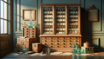 Nostalgic wooden cabinet with ornate labels and soft lighting. - obrazy, fototapety, plakaty