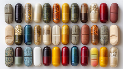A variety of colorful pills and capsules displayed neatly, representing medicine and healthcare. Ai generative illustration - obrazy, fototapety, plakaty