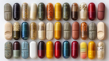  A variety of colorful pills and capsules displayed neatly, representing medicine and healthcare. Ai generative illustration © ImageFlow