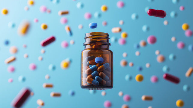 A floating bottle filled with pills surrounded by an array of pills against a blue background. Ai generative illustration