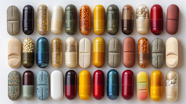 A variety of colorful pills and capsules displayed neatly, representing medicine and healthcare. Ai generative illustration