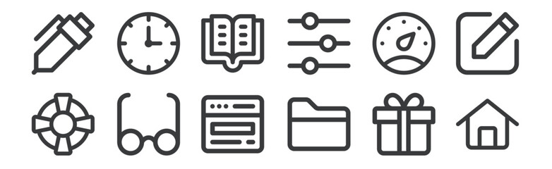 12 set of linear user interface icons. thin outline icons such as home, folder, eye glass, speedometer, book, clock for web, mobile.