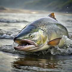 Salmon jumping out of water in river