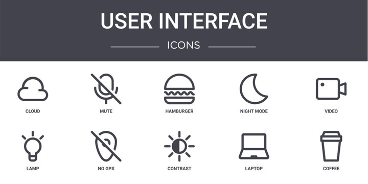 user interface concept line icons set. contains icons usable for web, logo, ui/ux such as mute, night mode, lamp, contrast, laptop, coffee, video, hamburger