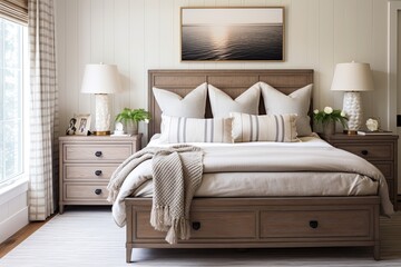 Fototapeta na wymiar Sunny Coastal Vibes: Dark Wood Bedroom Furniture Designs with Wooden Dresser