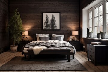 Scandinavian Dark Wood Bedroom Furniture Designs in Cozy Rug Room