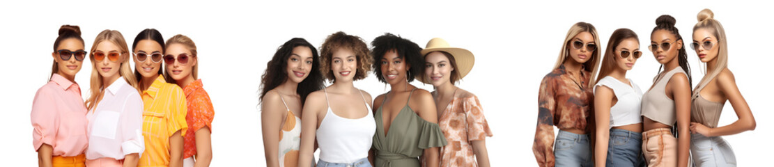 Group of young women with friends in summer fashion enjoying happiness and togetherness, isolated on white background, png