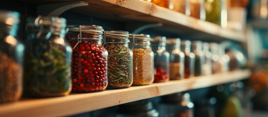 A collection of assorted spices neatly arranged on a wooden shelf in glass jars - obrazy, fototapety, plakaty