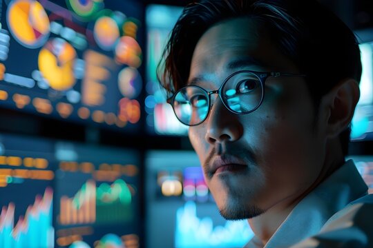 Asian Businessman Analyzing Market Data on Multiple Monitors
