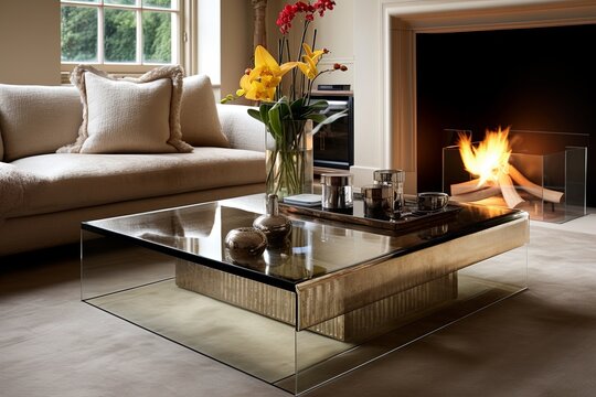 Glass Coffee Table Decor Ideas: Fireplace Reflections on Glass Surface