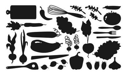 Vegetables and kitchen utensils cartoon silhouette set. Vegetable carrot, cucumber, lettuce, pepper or onion garlic etc. Hand drawn healthy diet farm product. Shape fresh vegetarian menu vector