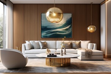 Mid-Century Lounge Glam: Contemporary Living Rooms with Golden Pendant Lights