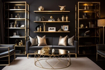 Nordic Touches: Golden Accents with Contemporary Living Rooms featuring Gold Shelving Unit