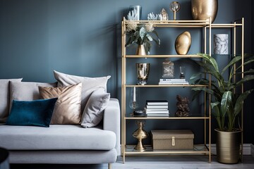 Nordic Golden Accents: Contemporary Living Rooms with Gold Shelving Unit