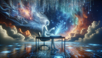 Futuristic IT consultant immersed in digital universe with cosmic backdrop.