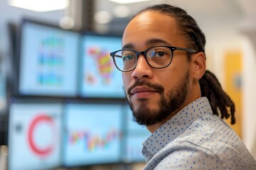 African Man Concentrating on Monitors in Bold Colorism