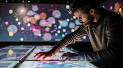 Data Analyst Interacting with Advanced Interface. A focused data analyst explores complex interactive displays with glowing graphs and data points on a digital touch table.