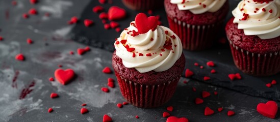 Delicious red velvet cupcakes with creamy white frosting, perfect for celebrations and parties