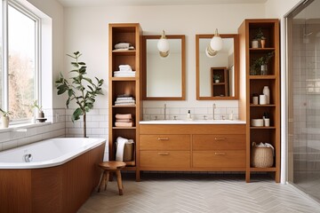 Fototapeta na wymiar Modern Nordic Fusion: Mid-Century Bathroom with Wooden Cabinets, White & Terracotta Tiles
