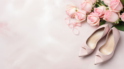 Obraz na płótnie Canvas Pink roses and elegant high heel shoes on a white silk background. Flat lay composition with copy space. Wedding and fashion concept for design and print. mother's day greeting cards