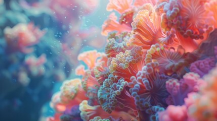 Fototapeta na wymiar Vibrant Sea Anemone Cluster in Underwater Ecosystem. A mesmerizing underwater landscape of colorful sea anemones, showcasing the vibrant and complex beauty of oceanic coral reef ecosystems.