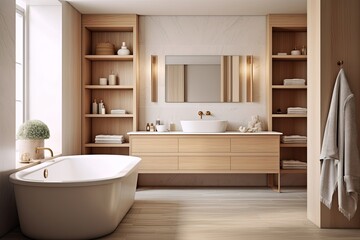 Fototapeta na wymiar Nordic Style: Mid-Century Bathroom Designs with Sleek Tub, Wooden Cabinets, Chic Lighting, and Terracotta Touches