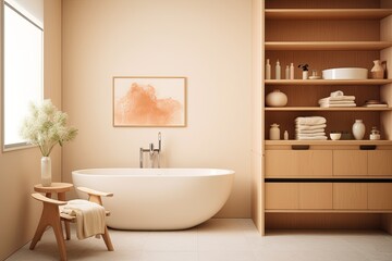 Fototapeta na wymiar Mid-Century Minimalist Bath: Sleek Tub, Terracotta Accents & Wooden Cabinets