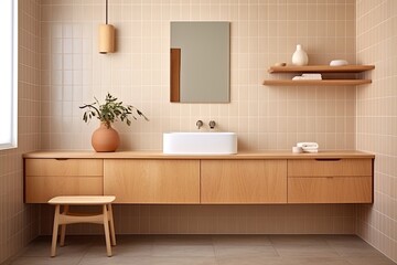 Fototapeta na wymiar Terracotta Tiles & Scandinavian Style: Mid-Century Bathroom with Sleek Fixtures & Wooden Vanity