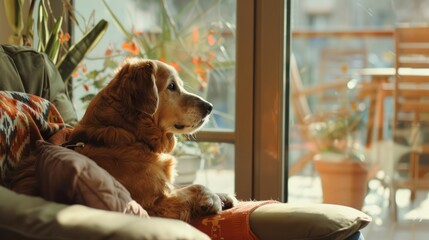 Golden Retriever Enjoying Sunlight by the Window. A golden retriever dog sits comfortably by a sunny window, gazing outside with a look of contentment, enjoying the warmth and view.