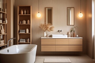 Stylish Mid-Century Bathroom Design with Sleek Tub, Nordic Style Wooden Cabinets, and Chic Lighting with Terracotta Touches