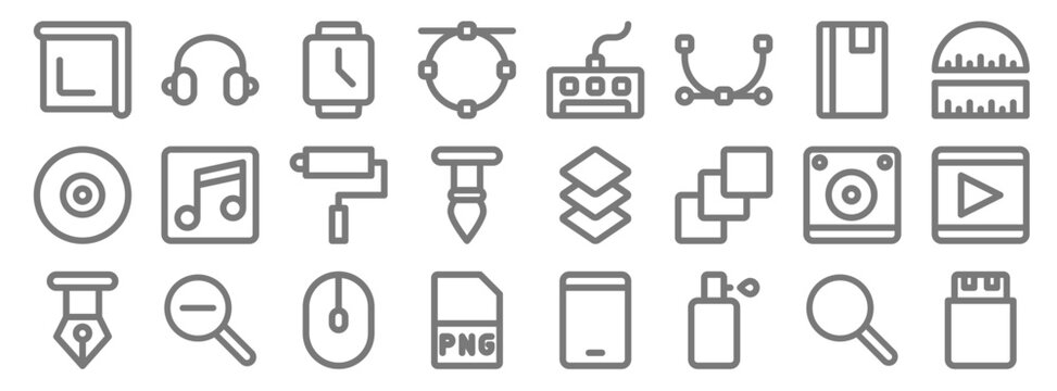 graphic design line icons. linear set. quality vector line set such as usb, spray, png, pen, speaker, paint roller, ruler, keyboard, headphone