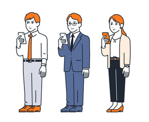 スマートフォンを見る3人のビジネスパーソンのシンプルなベクターイラストセット素材