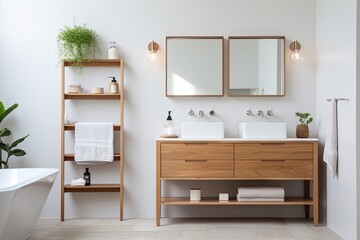 Mid-century Modern Bathroom: Wooden Vanity, Scandinavian Lighting, and Minimalist Decors Inspiring Design
